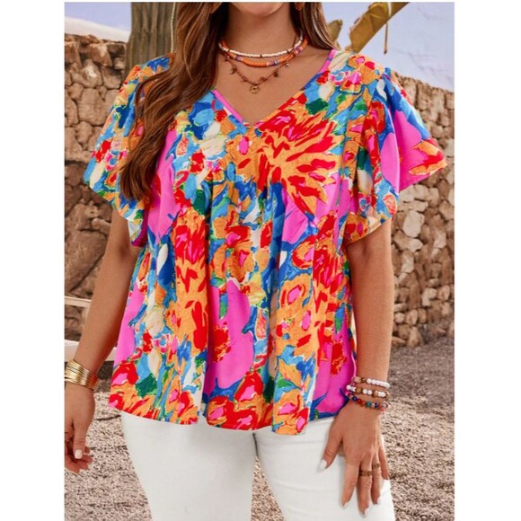 EMERY ROSE Plus Size Women Floral Print Tie Back Ruffle Short Sleeve Shirt, 0XL - Picture 1 of 9